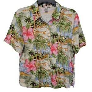 Jamaica Bay Hawaiian Tropical Hibiscus Palm Tree Button Down Shirt Women L